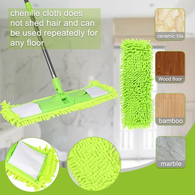 [Godiyyer] Dust Mop for Floor Cleaning, 360° Swivel Chenille Mop with 2 Washable Pads, Adjustable 31-58" Handle, Dry and Wet Available, Suitable for Hardwood, Laminate, Tile, Marble