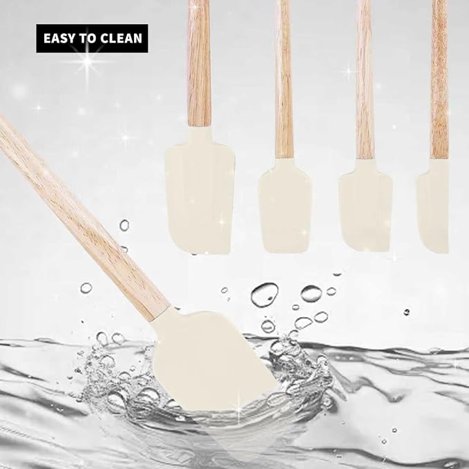 Ptanexx 5-Pcs Wooden Handle Silicone Spatula Set - Heat Resistant up to 428°F.Baking Spatulas for Batter Mixing, Cooking, Jar Scraping, Frosting & More | BPA FREE Gadgets for Non-Stick Cookware