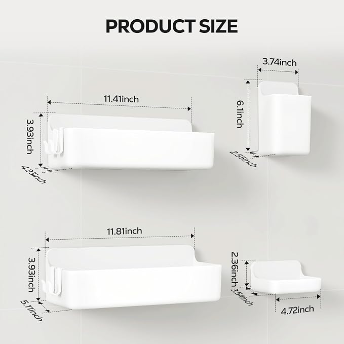 Nieifi Adhesive Shower Shelves, White, 4 Pieces | Rustproof ABS, Large Capacity, Removable Design, Easy-Clean, No Drilling Shower Organizer for Bathroom Storage & Home Decor