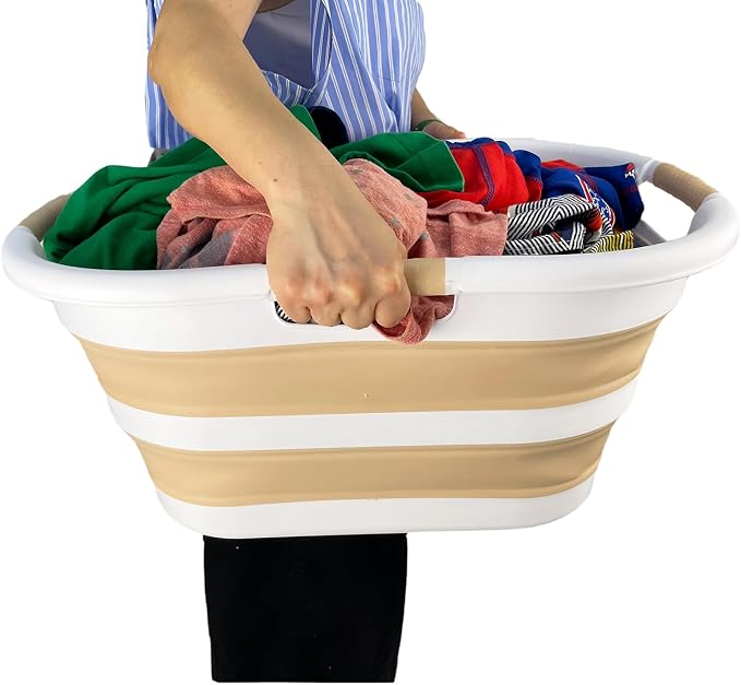 SAMMART 40L (10.5 gallon) Collapsible Plastic Laundry Hamper - Foldable Pop Up Storage Container/Organizer - Portable Washing Tub - Space Saving Basket (1, White/Beige)