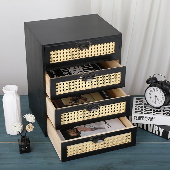 GoooodGIFT Wooden Drawers Large Wooden Box with Drawer, Black | 4 Drawer Wood Storage Box , Vintage Desktop Organizer with Drawers, Desk Organizers for Library Card Catalog Cabinet