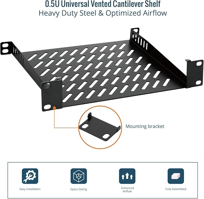 Tecmojo 2 Pack 0.5U Rack Mount Shelf for 10" Server Rack, 7.87" Deep Vented Cantilever Tray, Metal Shelf for Network Cabinet, Server Enclosure, Enhanced Airflow, Black