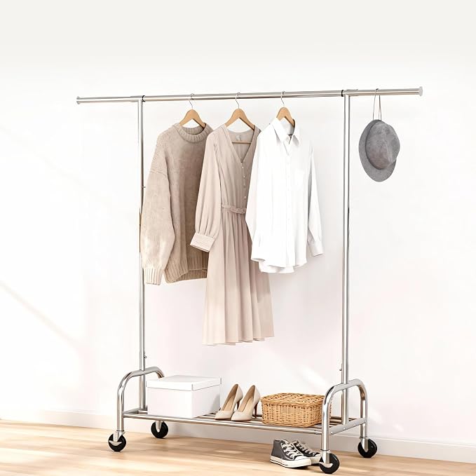 Clothing Garment Rack, 530LBS Capacity Rolling Clothes Rack on Wheels, Adjustable Clothing Hanging Rack, Heavy Duty Commercial