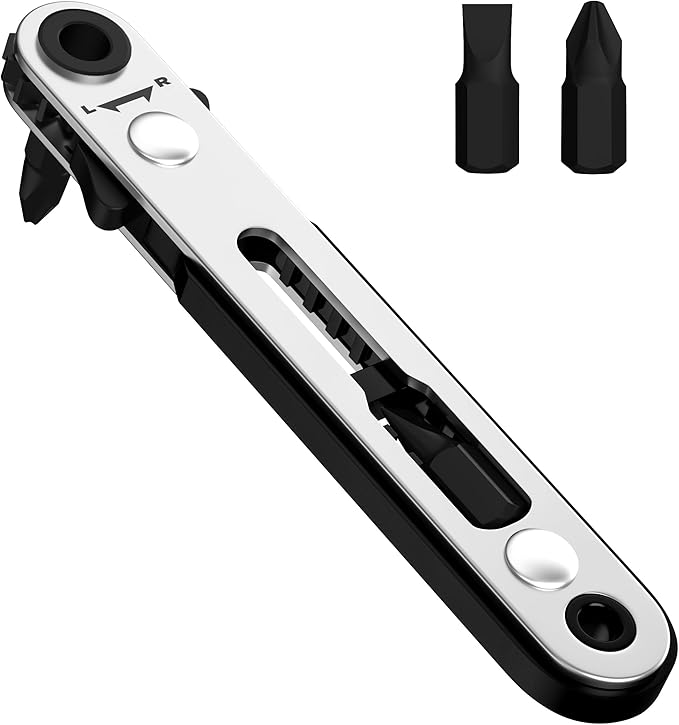 Bates- Mini Ratchet Wrench, 1/4" Magnetic 90 Degree Screwdriver, Black, Low Profile Right Angle Screwdriver for Tight Spaces