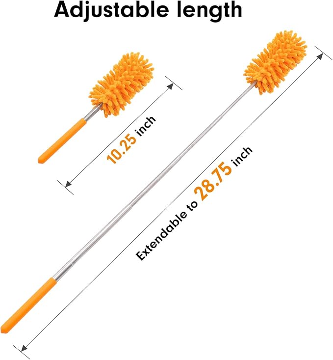 Duster for Cleaning, 10-29" Extension Pole, 2 Washable Heads, Yellow | Microfiber Heads, Wet Or Dry, Detachable, Hand Washable, Easy Storage, For Cars, Offices, Windows, Furniture And Ceiling Fans