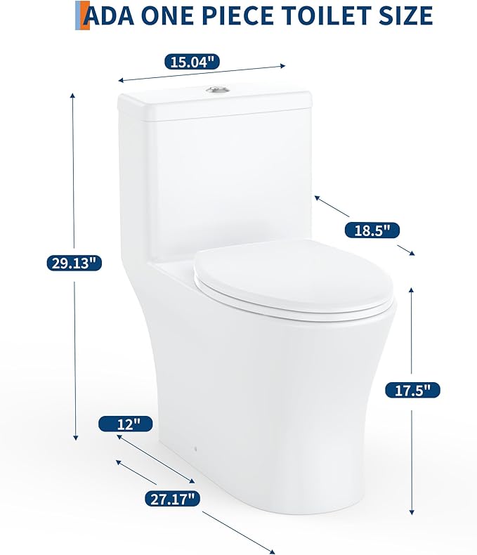 17.5" Elongated One-Piece Toilet with V-Shaped Cover & ADA Height, Soft-Close PP Seat & Easy-Clean Ceramic Surface, Water-Efficient Flush & Compact Design