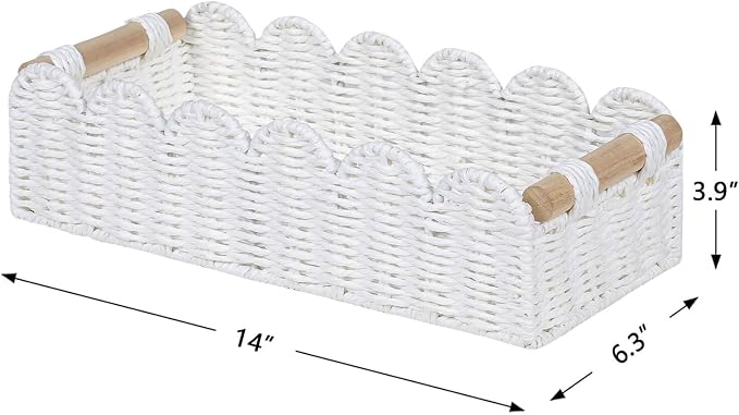 CubesLand Bathroom Basket Organizer, Toilet Tank Paper Storage Baskets 2PK | Scalloped Decorative Basket for Countertop w/Handle, Wicker Basket for Bathroom Decor, Home Decor, Living Room, White