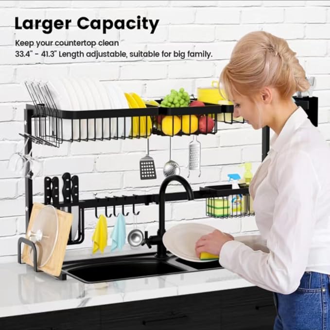 Over The Sink Dish Drainer Drying Rack,Stainless Steel Dish Dyring Rack Above Sink with Adjustable Height,Kitchen Counter Storage Shelf for Organizer Cookware,Cups,Cutting Board (33.4‘’-41.3‘’)