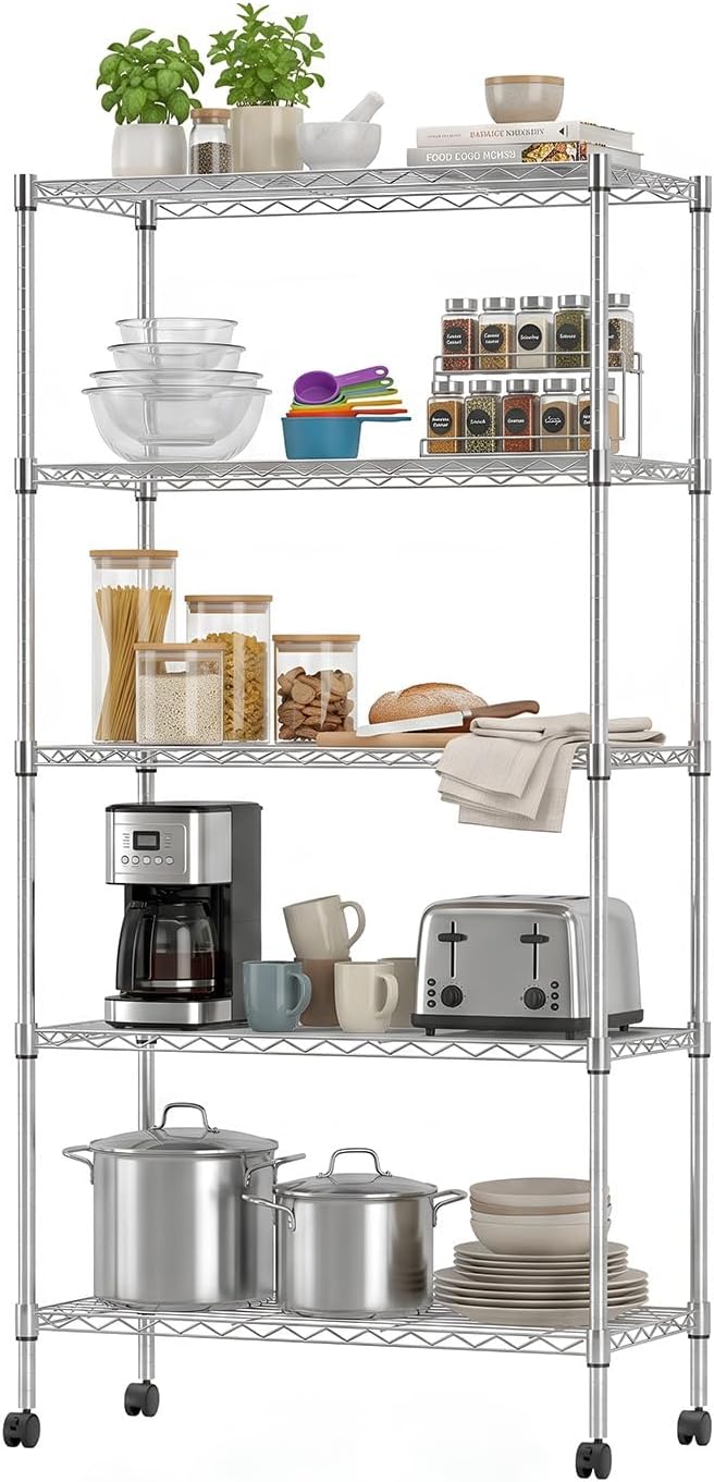 BestOffice | 5-Tier Wire Storage Shelves with Wheels | 14x30x60 | Chrome | Adjustable Racks | Heavy-Duty Metal Shelf, Holds Upto 220 lbs | No-Tool Assembly | Ideal for Home & Garage Shelving