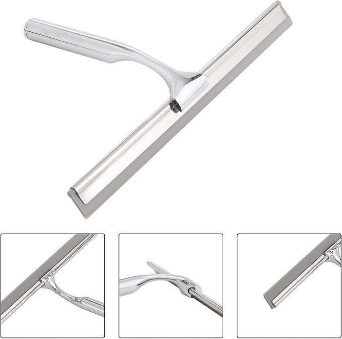 Ettori Shower Squeegee Clear Glass Wall Cleaner Stainless Steel with Suction Storage Hook -10'', Chrome