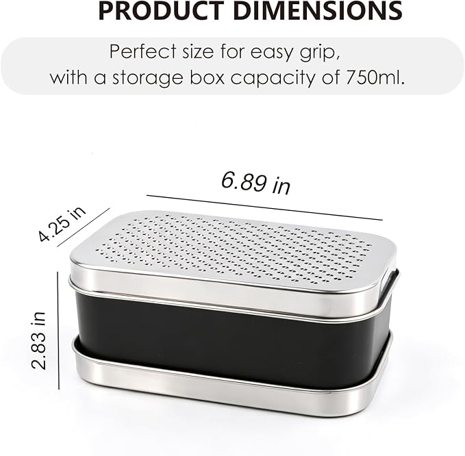 Cheese Grater with Storage Container, Box Grater Stainless Steel for Vegetables, Cheese Shredder 2 Sharp Blades for Fine & Coarse, Non-Slip Base, Lemon Zester, Includes Cleaning Brush (Black)