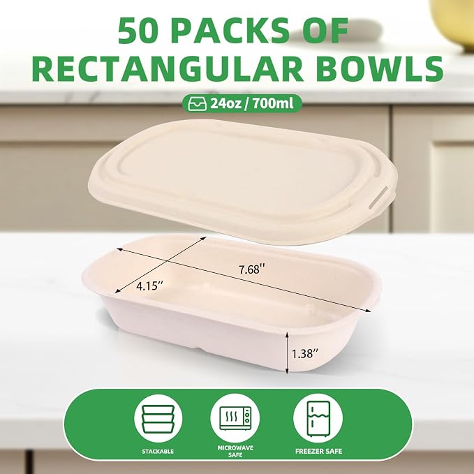 50Pcs(24oz) Disposable Meal Prep Food Containers with Lids,Lunch Salads Microwaveable and Freezable Compostable Safe Non Plastic Food Storage，Biodegradable Take Out Food Bento Boxes.