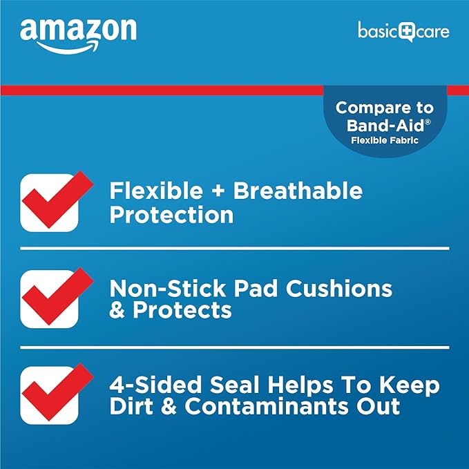 Amazon Basic Care Flexible Fabric Adhesive Bandages, XL (2 in x 4 in), Non-Stick Pad for Cuts & Scrapes, 4-Sided Seal, 10 Count (Pack of 3)
