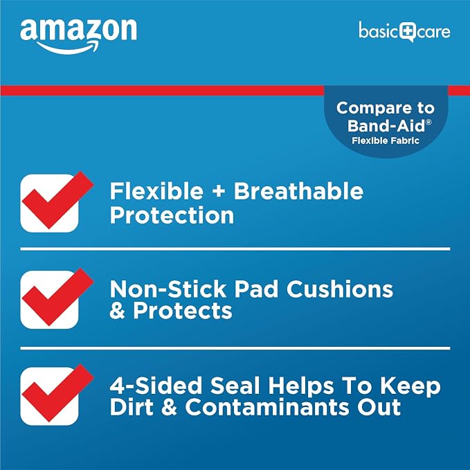 Amazon Basic Care Flexible Fabric Adhesive Bandages, XL (2 in x 4 in), Non-Stick Pad for Cuts & Scrapes, 4-Sided Seal, 10 Count