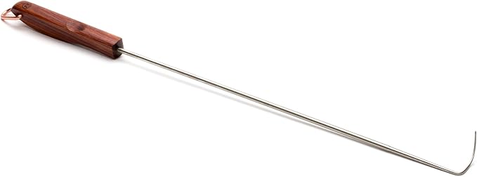 Outset Rosewood Handle Grill Meat Hook, BBQ Pigtail Food Flipper, 20 Inch, Stainless Steel