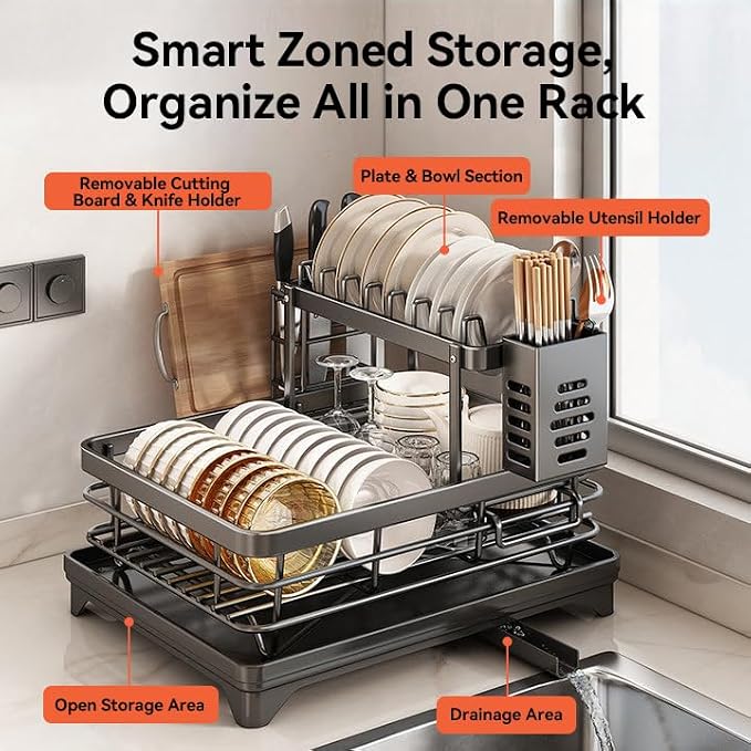 Dish Drying Rack for Kitchen Counter, 2-Tier Metal Dish Rack with Drainboard, Utensil Holder and Plate Rack, Compact Countertop Dish Drainer for Plates, Bowls, Cups and Cutlery, Black