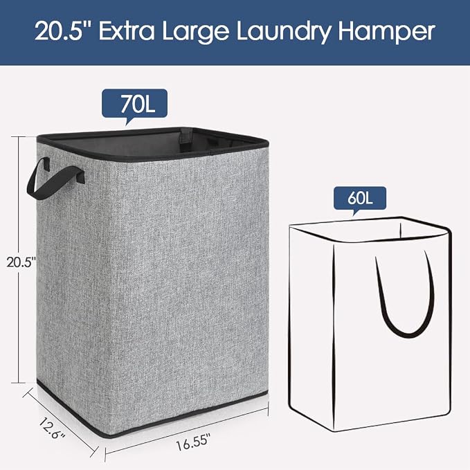 SNIGJAT Large Laundry Basket, 70L Collapsible Tall Hamper with Handle, Grey | Dirty Clothes Hamper for Bedroom, Rectangular Sturdy Laundry Basket for College, Dorm, Towels, Toys