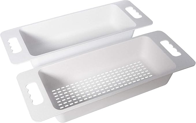 Zuhnë Reeva Over The Sink Colander Strainer Set of 2, Food Grade Wheat Fiber Composite, BPA Free, Stackable Soak Rinse Bins, Light Grey, Fits 15 to 17 in Sink Bowls