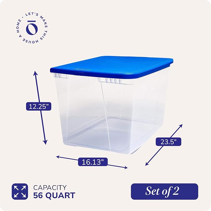 HOMZ Snaplock Clear Plastic Bin 56 Quart/14 Gallon | Storage Tote with Secure Lid | for Home, Office, Garage, Dorm Room Organizer | Stackable & Nestable | Blue Lid, Pack of 2