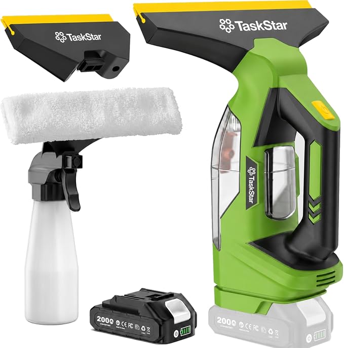 TaskStar Window Vacuum Squeegee Cordless: Electric Window Cleaner Tool with 2000Pa Suction, 2000mAh Detachable Battery, 150ml Water Tank, 11in & 6.7in Blades for Glass, Shower Doors, Mirrors, Tiles