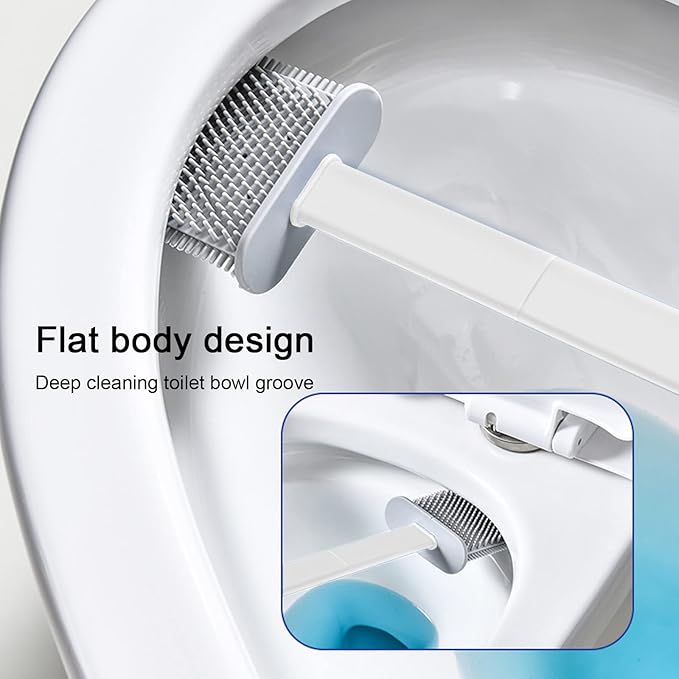Toilet Brush and Holder Set 3 in 1 (Round Silicone Brush + Flat Silicone Brush + Slit Brush) Toilet Bowl Brush Clean Every Corner of The Toilet, Compact Size Toilet Brushes (White)