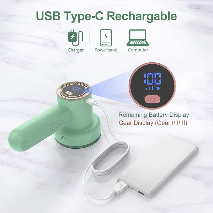 HOMEASY Fabric Shaver, Rechargeable Lint Remover for Clothes Green | Electric sweater shaver and depiller with 70mm head, 6-leaf blades, LED battery display and Type-C charging for Furniture
