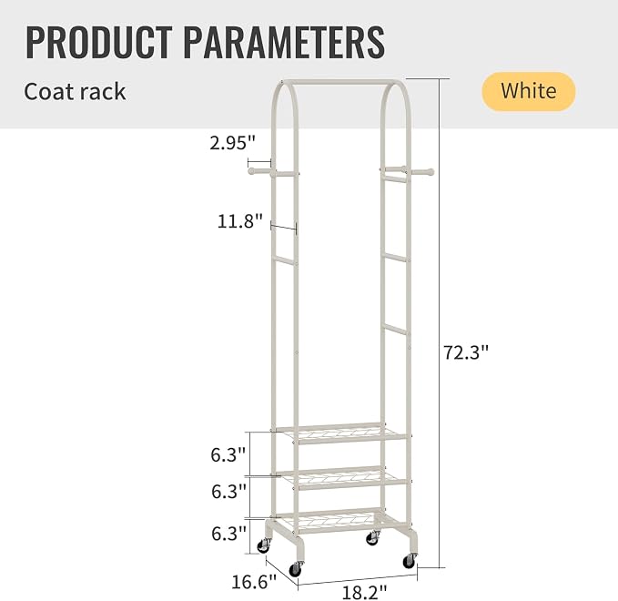 Garment Rack with Wheels,Small Metal Coat Rack With 4 Hooks,Freestanding Heavy Duty Clothing Rack with Shoe Shelves,Hanging Rod for Small Space,Bedroom,Entryway, Office, Living Room (White)