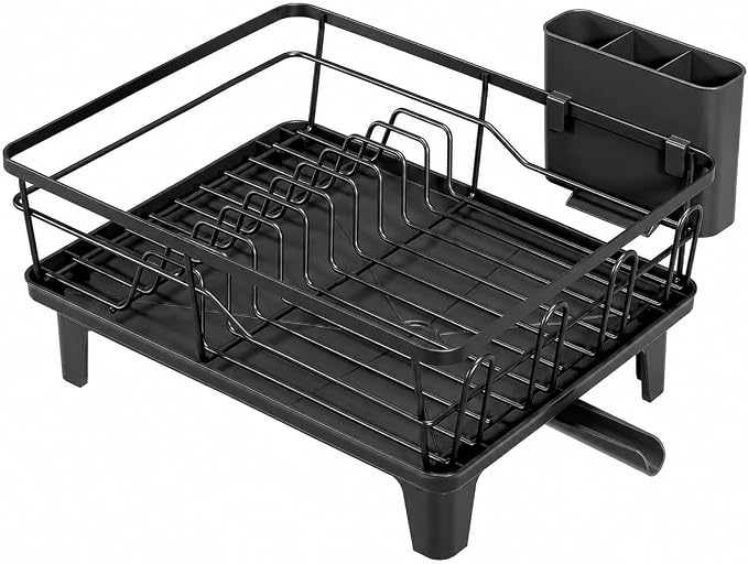 Dish Drying Rack, Black | Space-Saving Metal, Rust-Resistant, Utensil Holder, Compact Drainer Organizer