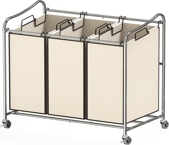 Simple Houseware Heavy Duty 3-Bag Laundry Sorter Rolling Cart, Chrome | Removable Bags and Lockable Wheels for Laundry Room Organization