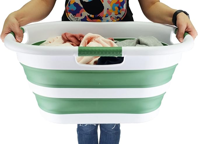 SAMMART 40L (10.5 gallon) Collapsible Plastic Laundry Basket - Foldable Pop Up Storage Container/Organizer - Portable Washing Tub - Space Saving Hamper/Basket (1, White/Dark Sea Green)