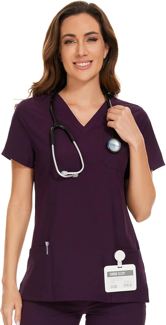 Scrubs Tops for Woman - Soft Stretch, V-Neck Tops | 3 Pockets, Side Split Design, Short Sleeve, Breathable & Lightweight Nursing Shirt, Easy-Care Fabric for All-Day Comfort