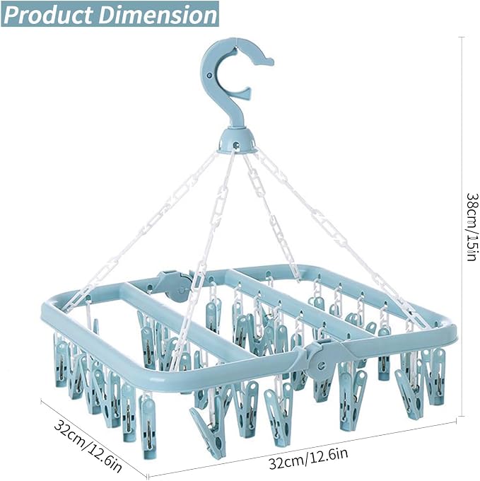 Laundry Drying Rack with 32 Clips, Foldable, Light Blue | 32 Clips, Foldable