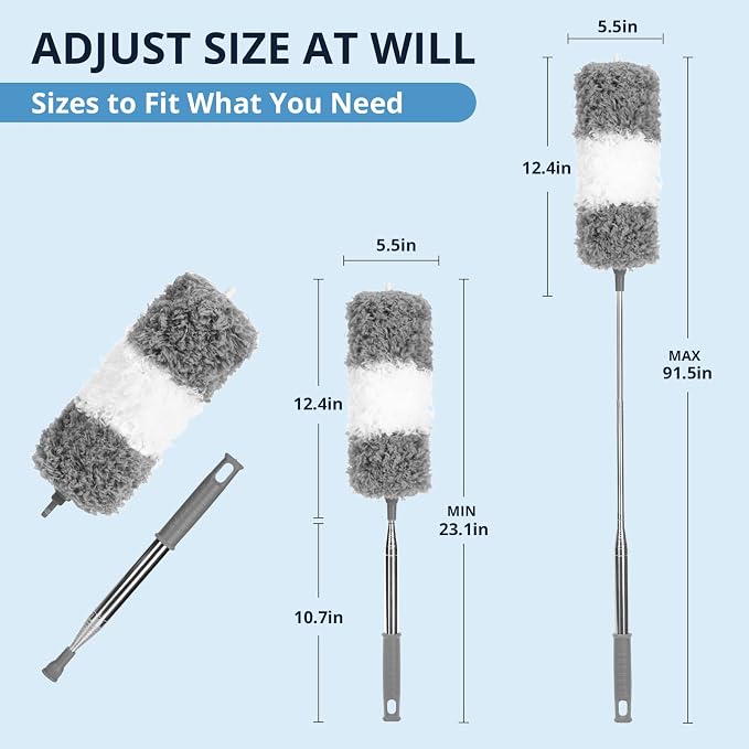 ZZ LAZYCOTTAGE Microfiber Feather Duster for High Reach, Lightweight Ceiling Fan Cleaner, 91.5" Telescopic Pole, Cobweb Duster with Extension Pole for Home & Car