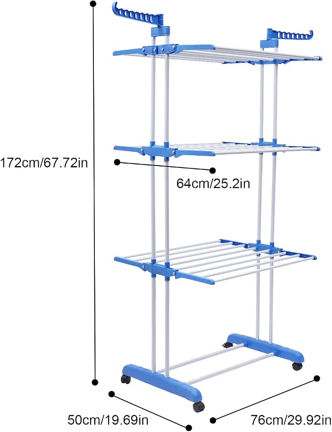 Foldable Clothes Drying Rack Stand 4-Tier,Garment Rolling Dryer Hanger with 4 Wheels,Easy to Assemble, Indoor Outdoor Use(Blue)