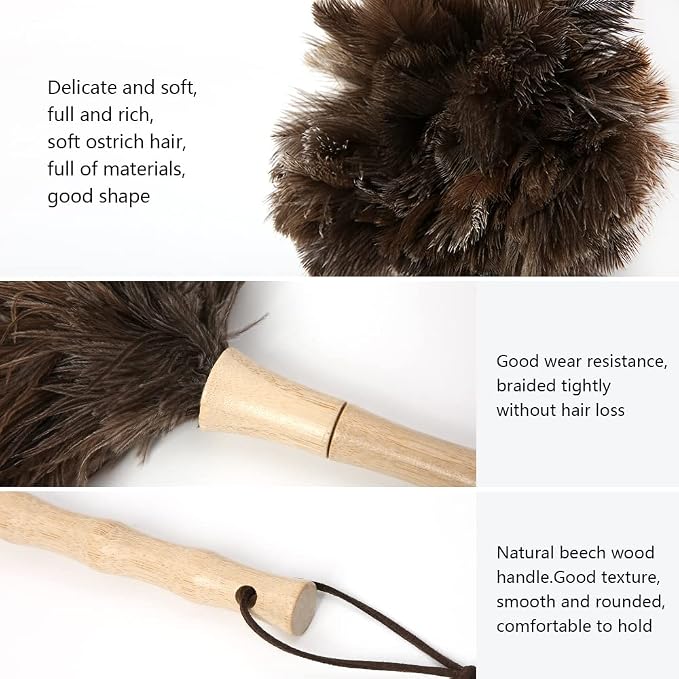 Ostrich Feather Duster 16 inch Feather Duster Fluffy Natural Genuine Ostrich Feathers with Wooden Handle and Eco-Friendly Reusable Handheld Ostrich Feather Duster for Cleaning Supplies