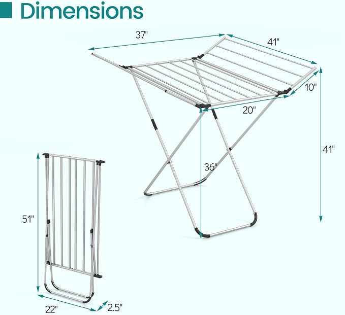 GOFLAME Clothes Drying Rack, Laundry Drying Rack with 2 Foldable Wings, 14 Drying Rods, Free-Standing Collapsible Laundry Airer for Clothes, Towels, Bed Linens, Indoor Outdoor Use, No Assembly Needed