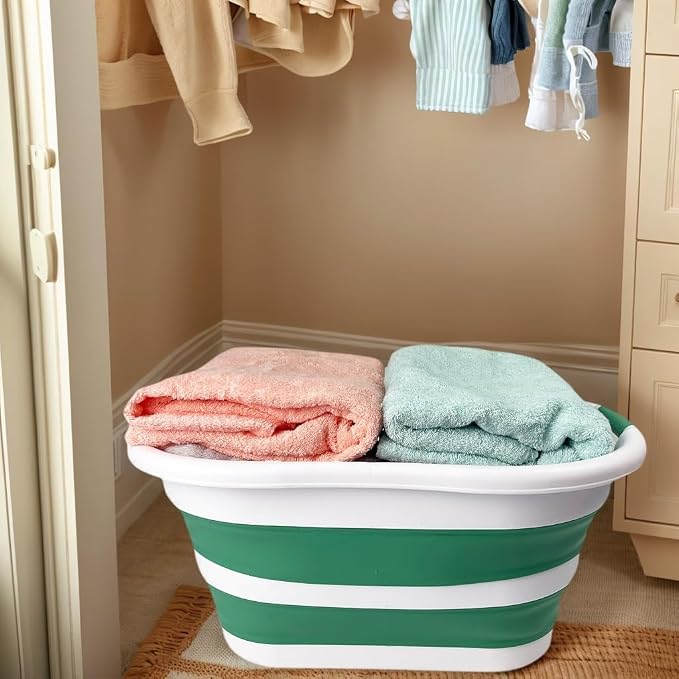 SAMMART 40L (10.5 gallon) Collapsible Plastic Laundry Hamper - Foldable Pop Up Storage Container/Organizer - Portable Washing Tub - Space Saving Basket (1, White/Winter Green)