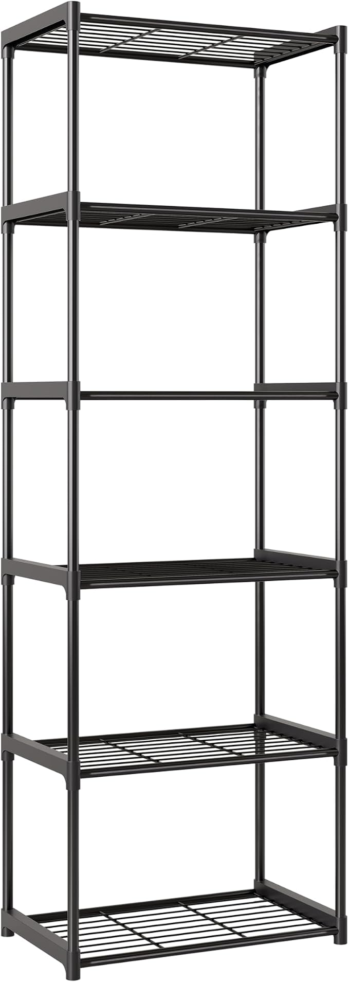 6-Tier Storage Shelves with Plastic Connectors – Metal Shelf Organizer for Pantry, Closet & Bathroom, Space-Saving Sturdy Shelving Unit Rack, Black， 17.3" x 12.8" x 70.9"