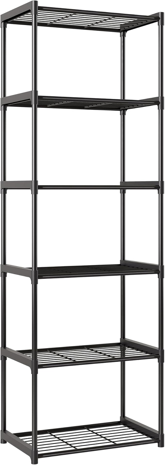 6-Tier Storage Shelves with Plastic Connectors – Metal Shelf Organizer for Pantry, Closet & Bathroom, Space-Saving Sturdy Shelving Unit Rack, Black， 17.3" x 12.8" x 70.9"