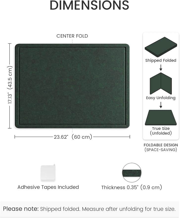 Fluxynara 23.6" x 17.1" Bulletin Board, Pine Green | Cork Board Alternative with 12 Removable Adhesive Tabs, Foldable Felt Pin Board for Home, Office, Classroom & Dorm