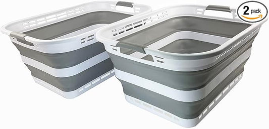 SAMMART 42L (11 Galloons) Collapsible Plastic Laundry Basket - Foldable Pop Up Storage Container/Organizer - Portable Washing Tub - Space Saving Hamper/Basket [BPA Free] (White/Grey (Set of 2))