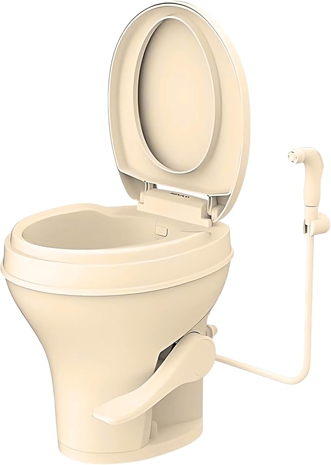 SEAFLO Residential Height Bone Camper/RV Toilet with Sprayer Attachment, 18.5” Standard Height, Gravity Flush System, Pedal Operation, Soft Close Seat, 4-Year Warranty (Bone W/Sprayer Attachment)
