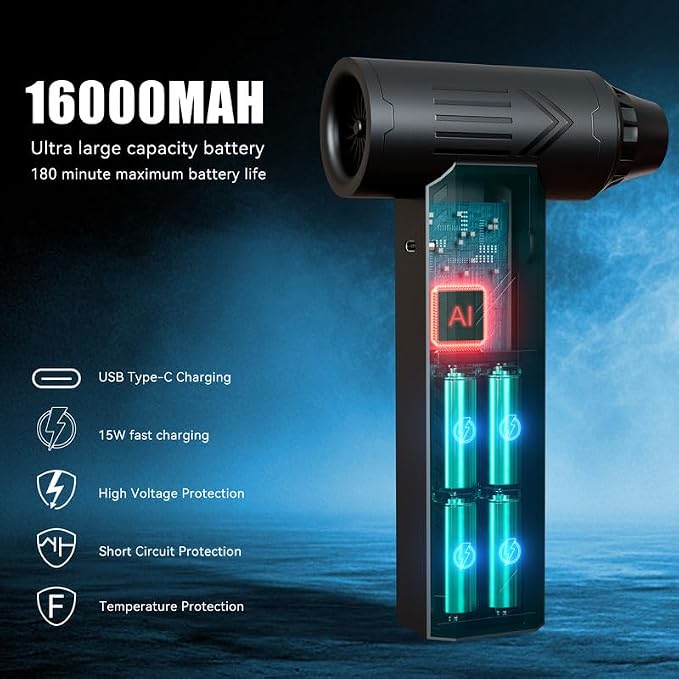 Compressed Air Duster 480000RPM Electric Air Duster Variable Speed 580G 4 Gear Adjustable Rechargeable Cordless Jet Dry Blower Turbo Fan Dryer Air Blower Mini Car Vacuum Cleaner Carbon Black
