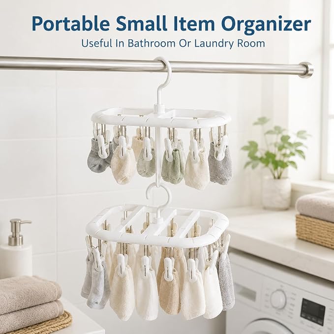 2PCS Clothes Hangers with 32 Clips Hooks, Plastic Sock Hanger, Stackable Laundry Drying Rack for Underwear, Clothes Airer with Swivel Hook, Portable Small Item Organizer for Bathroom Balcony Daily Use