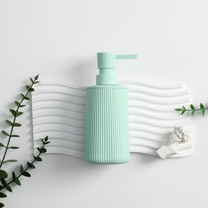 YAUKPH Small Soap Dispenser for Bathroom and Kitchen Matte Light Green | Modern Farmhouse Striped Style Plastic Hand Soap Dish Soap Dispenser with Pump