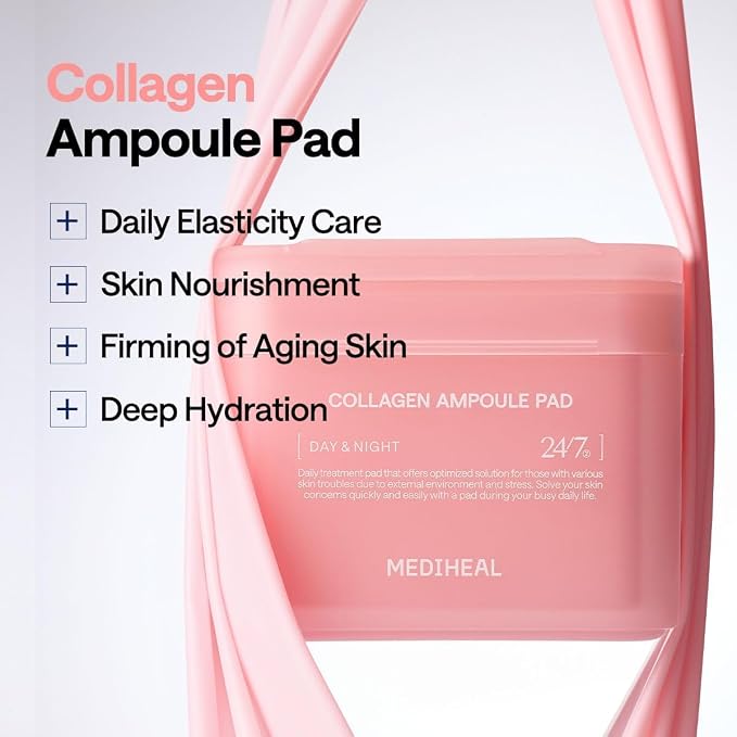 MEDIHEAL Toner Pads - Collagen Ampoule Toner Pad (100 count) with Ceramide - Skin Firming, Restore Elasticity, Deep Hydration - Tighten Wrinkles & Lines - Vegan Moisturizing Fabric, Korean Skin Care | with 98% Collagen for Aging & Sagging Skin | Nouris...