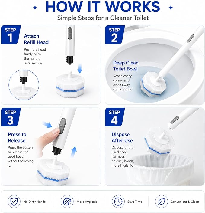 Disposable Toilet Bowl Brush and Holder Set – 40 Refills Included, No-Touch Toilet Wand Cleaning System, Toilet Brush & Holder for Bathroom, Hygienic Toilet Bowl Cleaner Starter Kit
