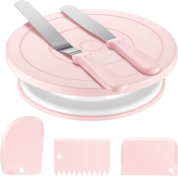 Kootek Cake Decorating Kit Baking Supplies Set Cake Turntable with 2 Frosting Straight Angled Spatula 3 Icing Smoother Scrapers Baking Accessories Tools for Beginners and Pros Mother's Day, Light Pink