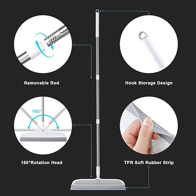 Rubber Floor Squeegee Broom for Pet Hair, 51.77" Long Handle | Multi-Surface Cleaner for Laminate, Carpet, Hardwood, Tile, Windows, Mirrors and Rugs
