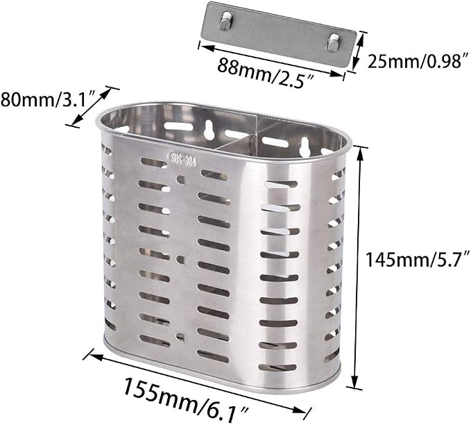 Self Adhesive 2 Compartments Mesh Utensil Drying Rack/Chopsticks/Spoon/Fork/Knife Drainer Basket Flatware Storage Drainer, 304 Stainless Steel